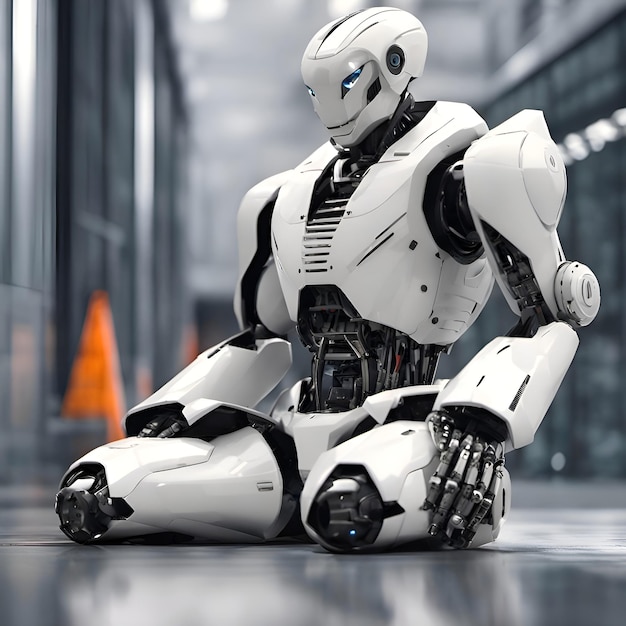 a close up of a robot sitting on the ground with hazy background