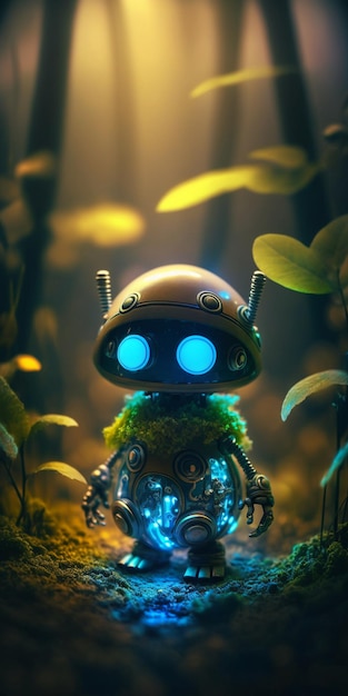 Close up of robot with glowing eyes in forest generative ai