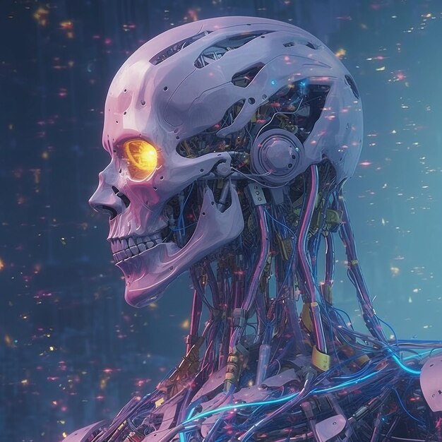 A close up of a robot with glowing eyes and a skull head Artificial Intelligence