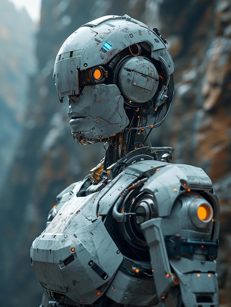 a close up of a robot with a mountain in the background