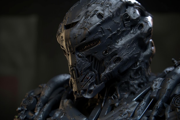 A close up of a robot with the word doom on the face