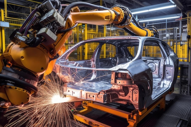 A close up of a robotic arm welding a car body