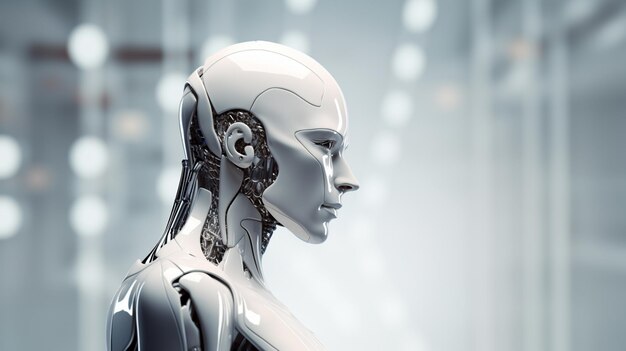 a close up of a robots head and neck with a light shining through the background generative ai