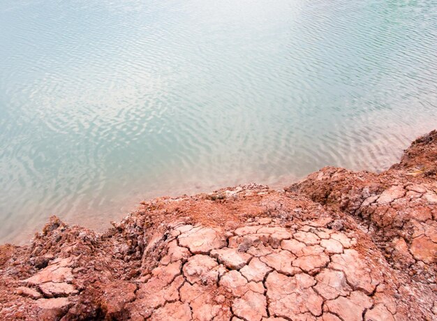 Close-up of rock formation by lake