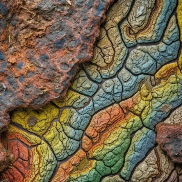 A close up of a rock with the colors of the rainbow.