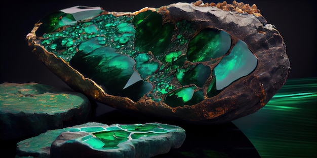 A close up of a rock with green crystals generative AI