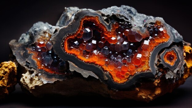 A close up of a rock with orange and red crystals ai