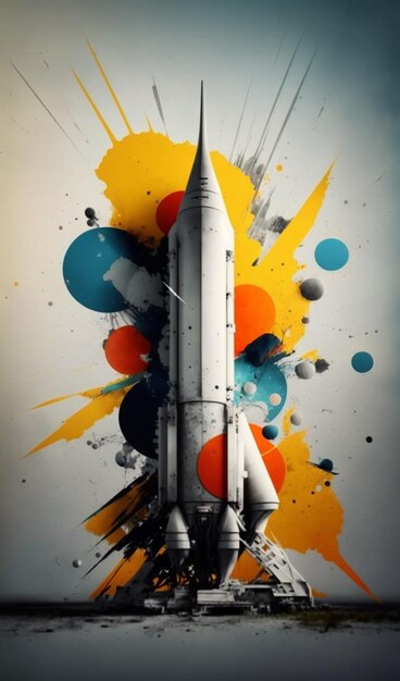 A close up of a rocket with a lot of paint splatters generative ai