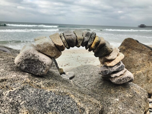 Foto close-up di rocce sulla spiaggia contro il cielo