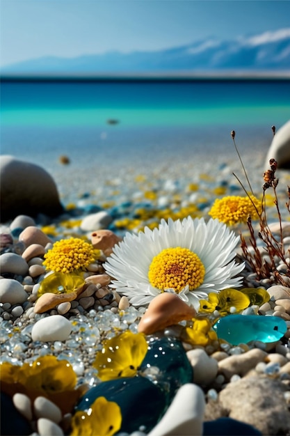 Close up of rocks and flowers on a beach generative ai