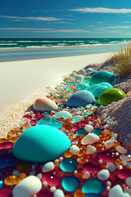 Close up of rocks and pebbles on a beach generative ai