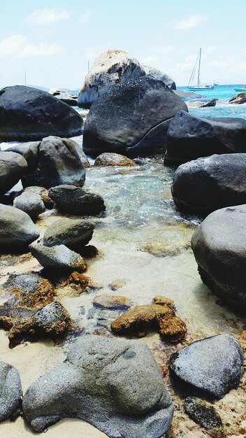 Close-up of rocks at shore against sky