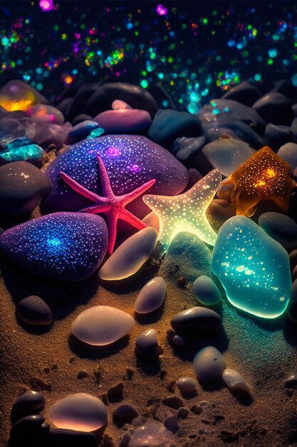 Close up of rocks and a starfish on a beach generative ai