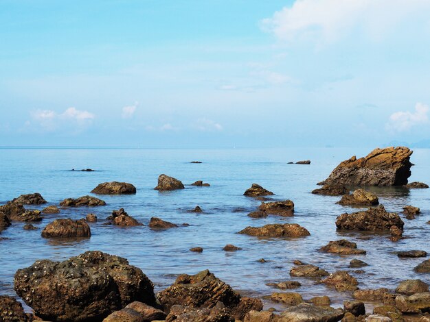 夏の海と青い空を背景に岩を閉じます。