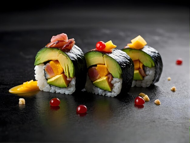 Close up roll sushi with vegetables on white rice plate