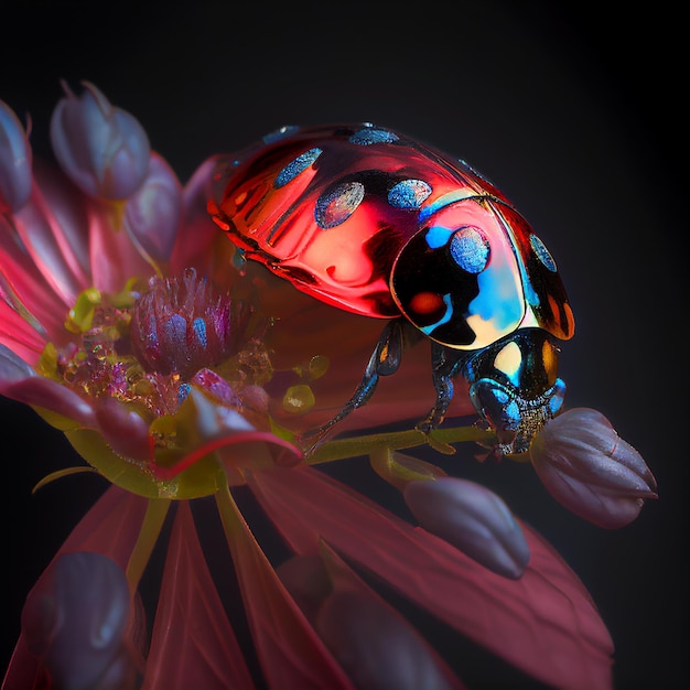 Close-up rood lieveheersbeestje op rode bloem bloesem Gemaakt met generatieve AI-technologie