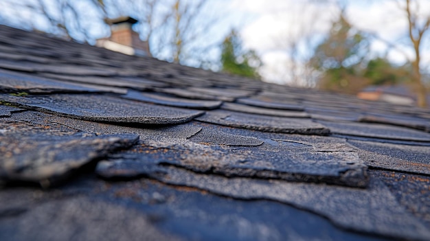 a close up of a roof with a shingle roof and a house with a tree in the background