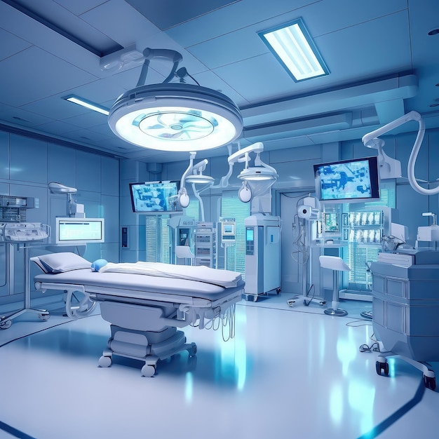 방에 가까이 침대와 의자가 있는 병원 회복실현대 고급 병원의 내부 현대 병원 편안한 의료 장비 Generative AI 일러스트레이션