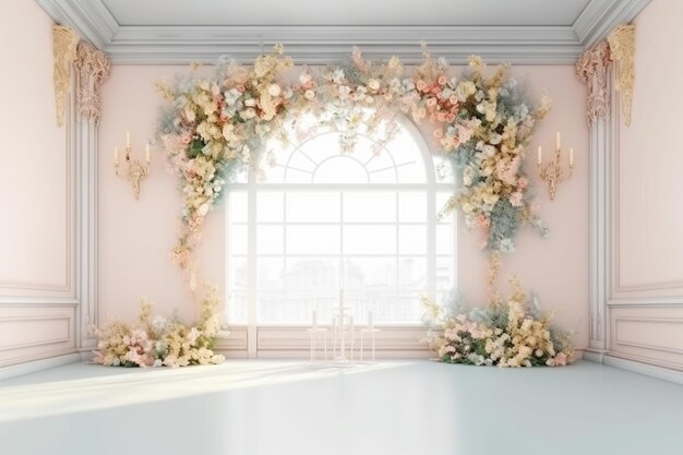 a close up of a room with a window and a flower arch generative ai