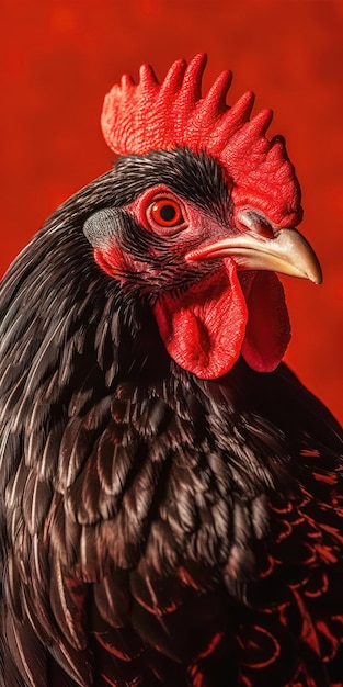 Close up of rooster's head with red background in the background Generative AI