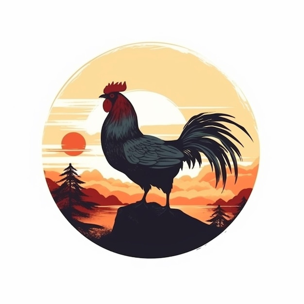 A close up of a rooster standing on a rock in front of a sunset generative ai