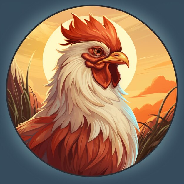 a close up of a rooster with a sunset in the background generative ai