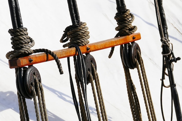 Close-up of rope tied on bollard against sky