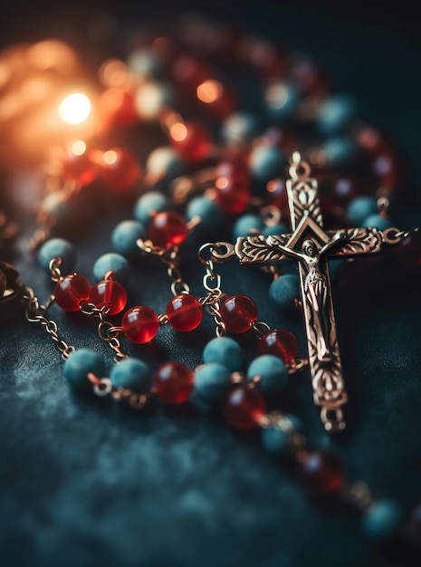 A close up of a rosary with a candle in the background Generative AI image