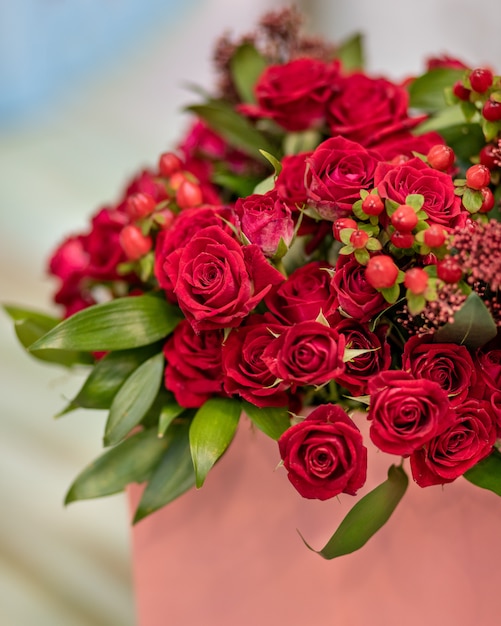 Close up on rose bouquet in box