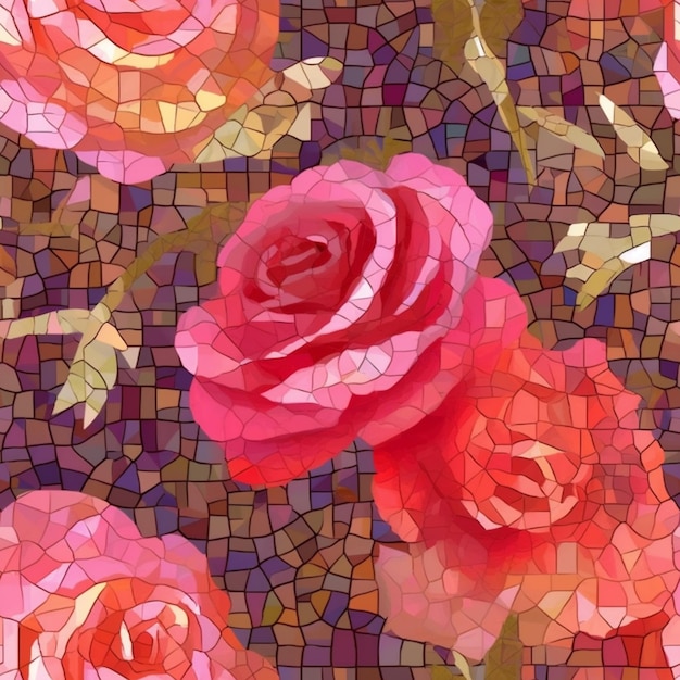 Foto un primo piano di una rosa in un motivo a mosaico con un gambo verde ai generativo