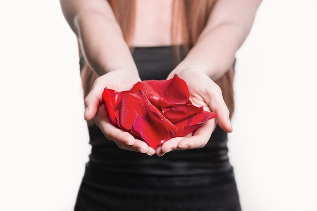 Close up. rose petals in the hands of a young woman. isolated on white background