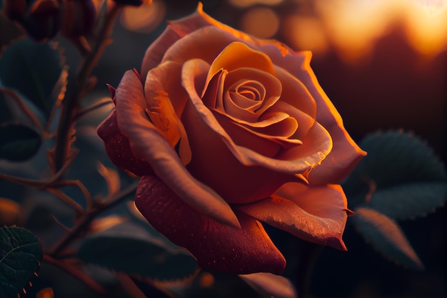 Close up of rose during sunrise madegenerative ai