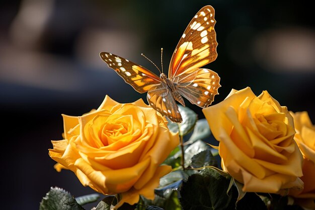 A close up of a rose with a butterfly resting on it