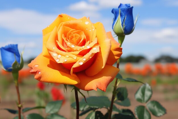 A close up of a rose with a field of bluebonnets in the background