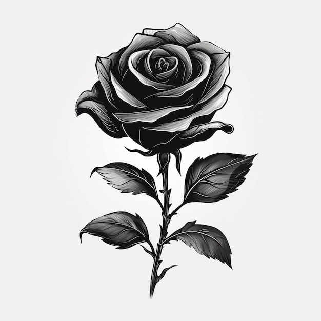 A close up of a rose with leaves on a white background generative ai