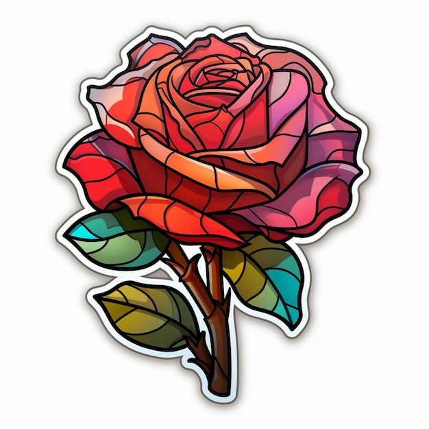 A close up of a rose with a stem and leaves generative ai