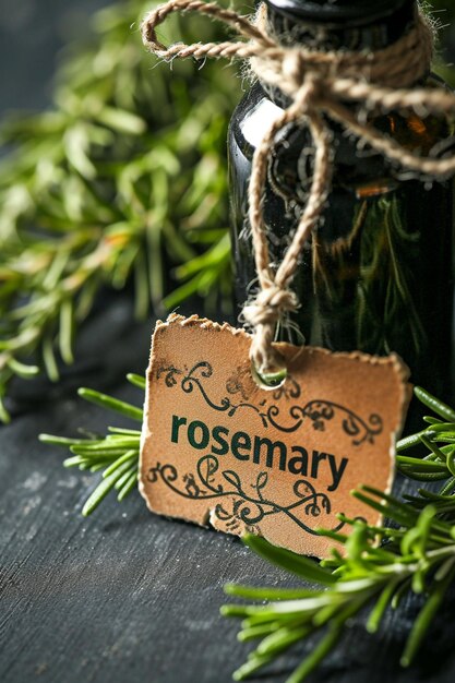 Photo close up of rosemary essential oil on wooden table