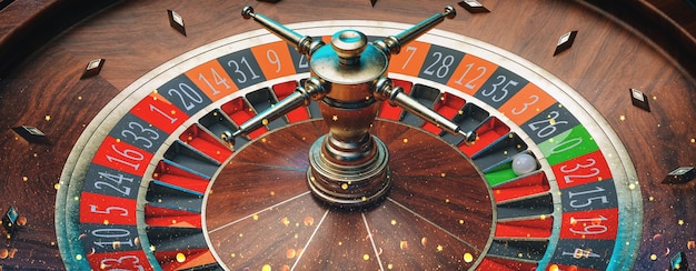 Close up roulette on table with ball on green