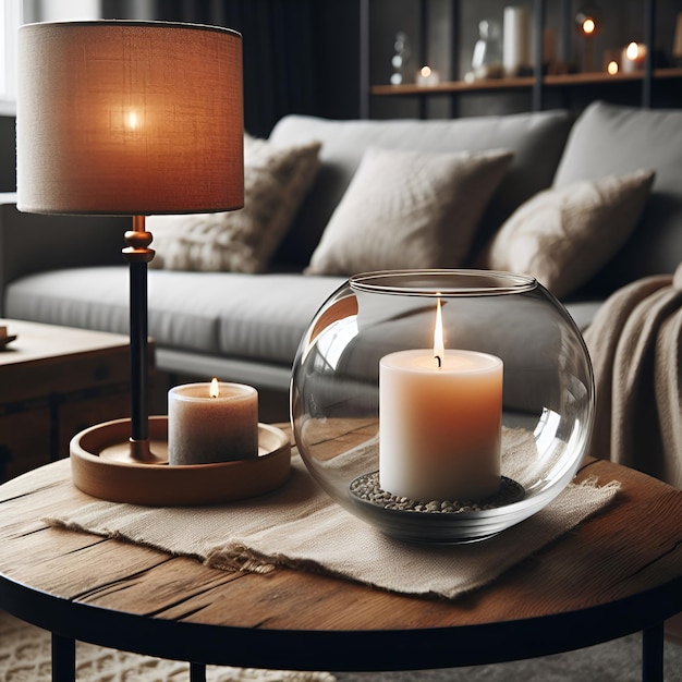 Close up of round glass jar with burning candle on rustic wooden coffee table