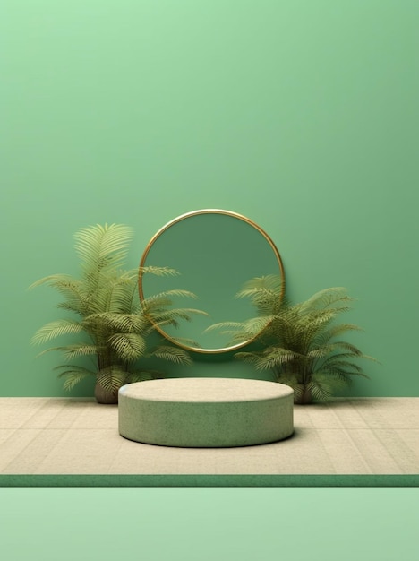 A close up of a round mirror on a pedestal with palm trees generative ai