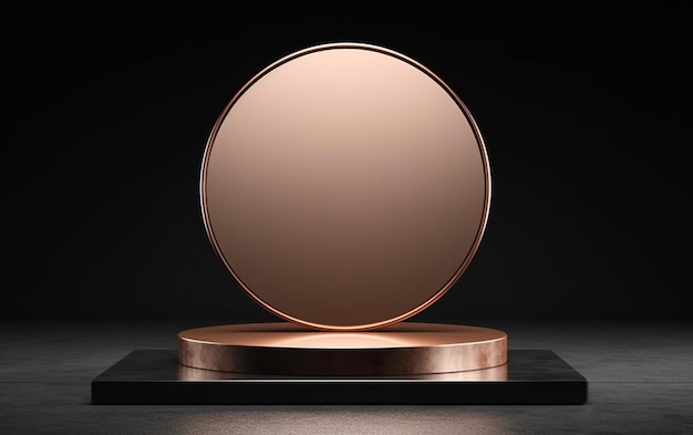 A close up of a round mirror on a stand on a black surface generative ai