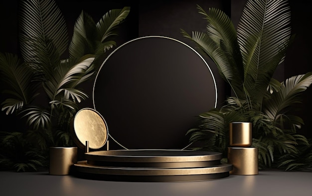 A close up of a round mirror on a stand in a room with plants generative ai