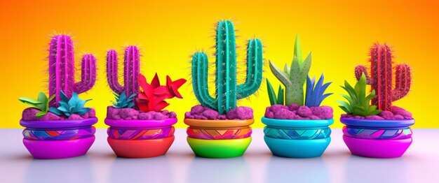 A close up of a row of colorful pots with cactus plants generative ai