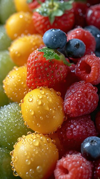 A close up of a row of fruit with water droplets on them ai