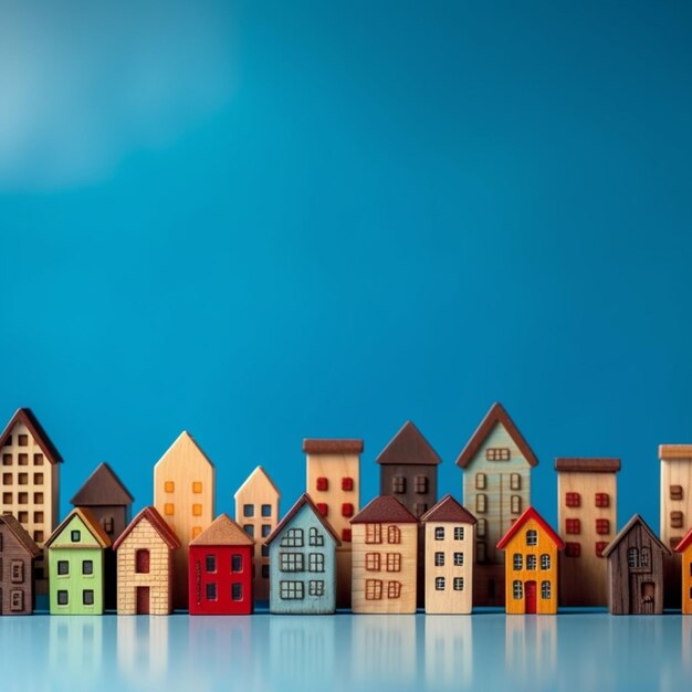 A close up of a row of small wooden houses on a table generative ai