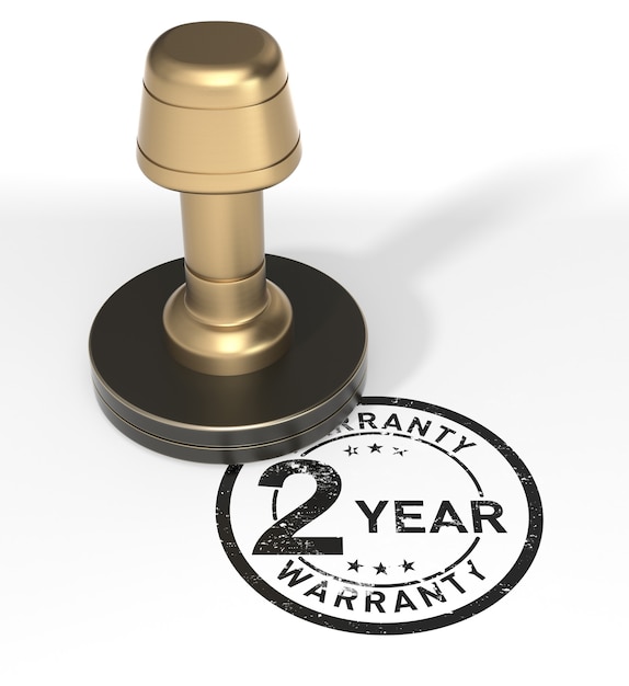 close up of rubber stamp â2 year warrantyâ on isolated white background.