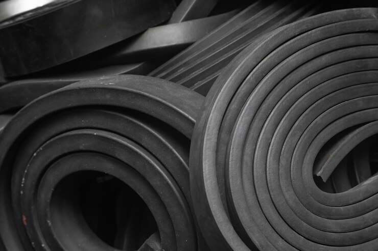 Foto close-up rubberen afdichtstrips voor waterdichte deuren een stapel rubber in rollen gedraaid