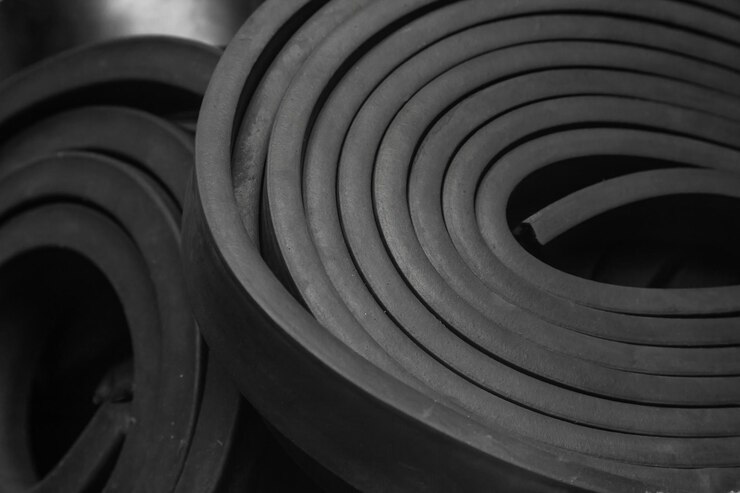 Foto close-up rubberen afdichtstrips voor waterdichte deuren een stapel rubber in rollen gedraaid
