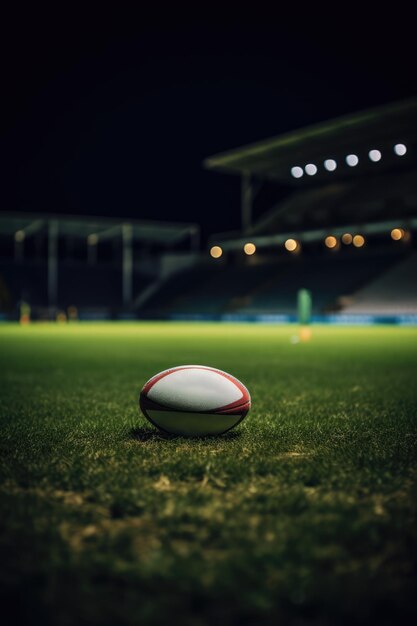 Close up of rugby ball on rugby field created using generative ai technology