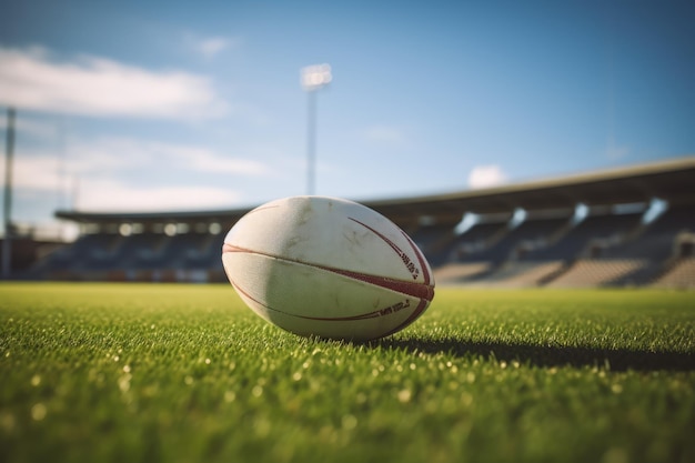 Close up of rugby ball on rugby field created using generative ai technology